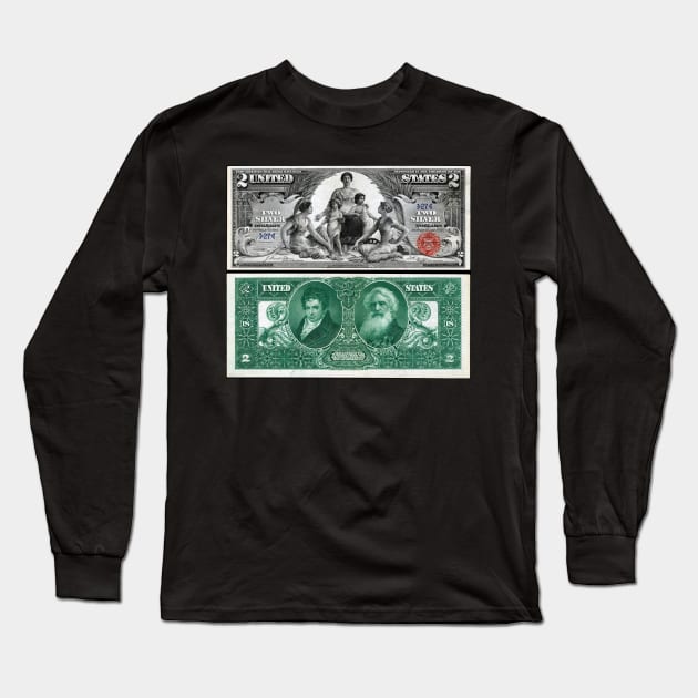 1896 $2 Dollar Silver Certificate Long Sleeve T-Shirt by DTECTN